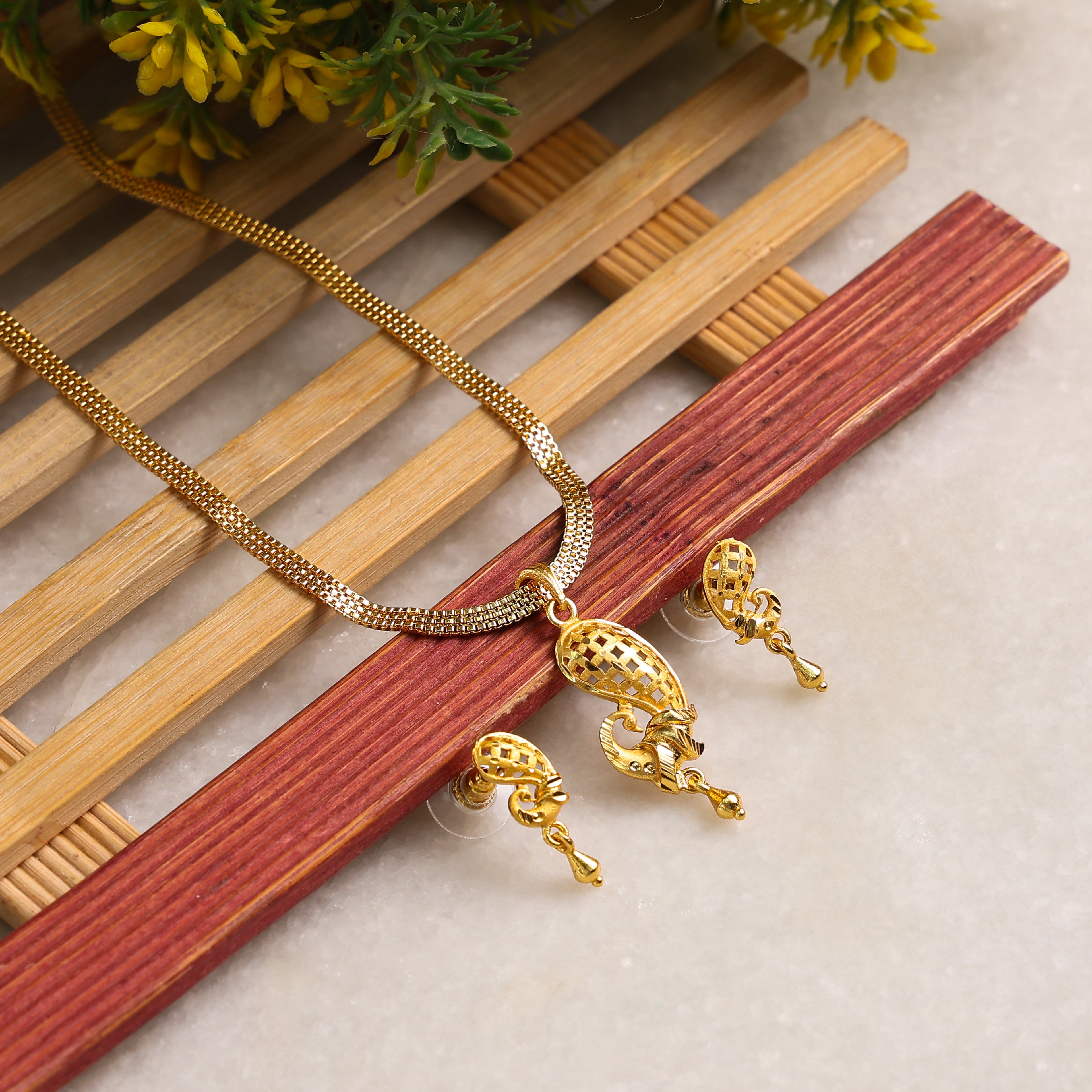 One-Gram Gold Chain Pendant Set with Matching Tops for Women ( 3 Line Chain )
