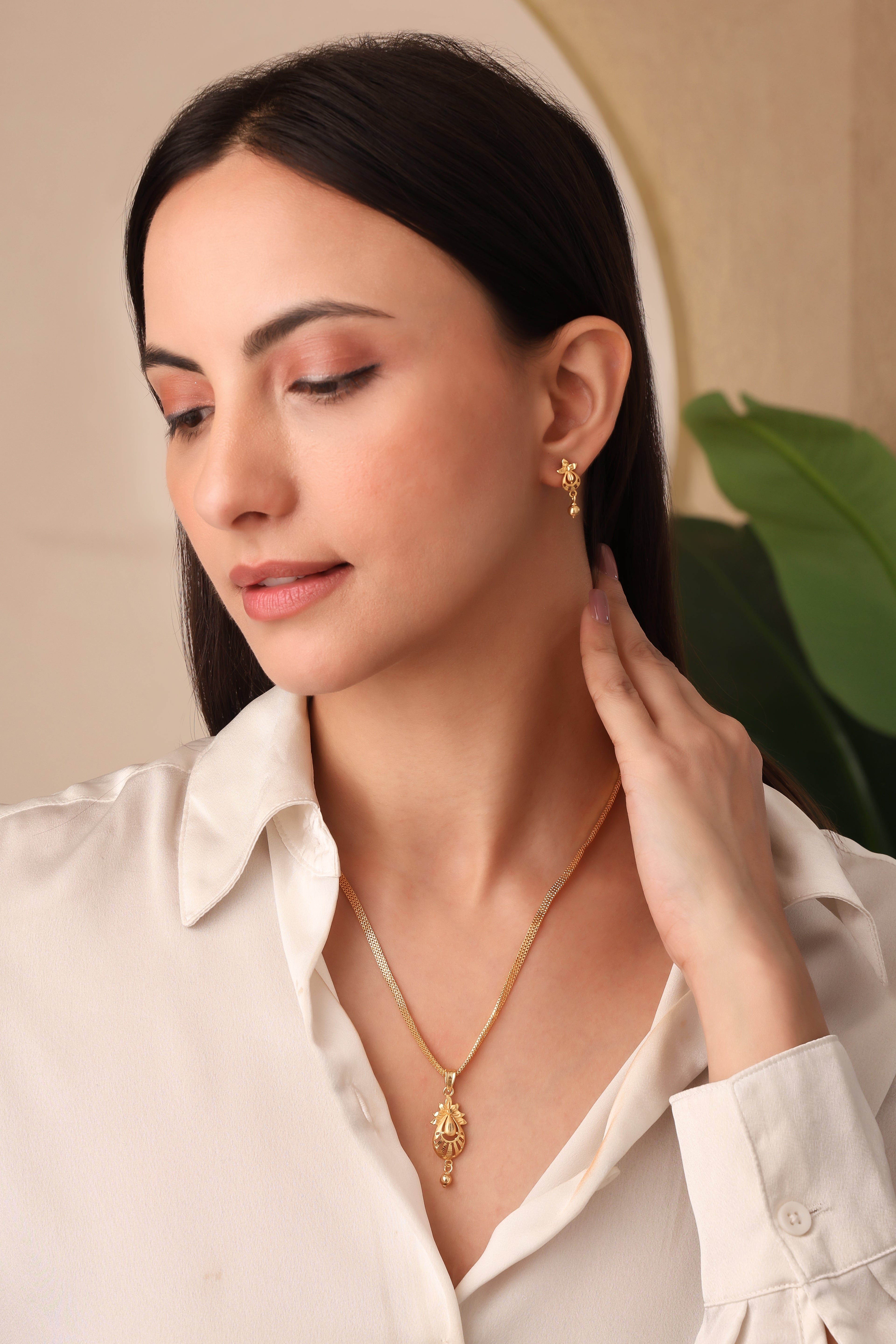 One-Gram Gold Chain Pendant Set with Matching Tops for Women ( 3 Line Chain )